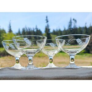 4 Sasaki Etched Wheat Champagne Coupes Glasses 3" midcentury farmhouse 1950s